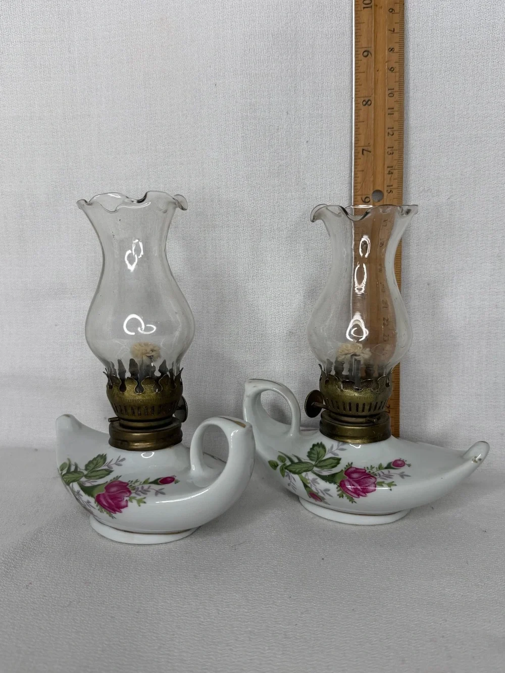 Aladdin Oil Lamps Moss Rose Ceramic Glass Hurricane Globes 6”